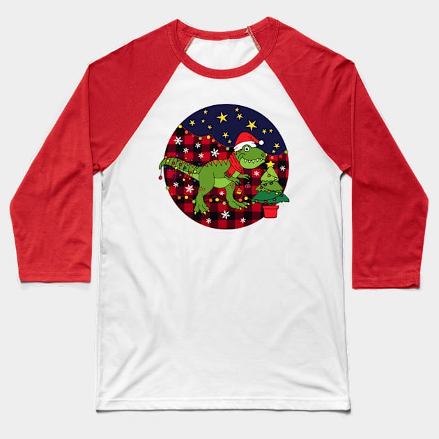 Kids Christmas T-rex Dinosaur Baseball T-Shirt by HotHibiscus